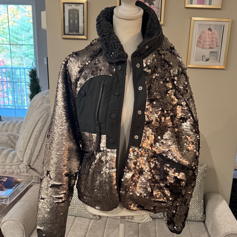 FP Movement by Free People Sequin Bomber Jacket in Black and Gold